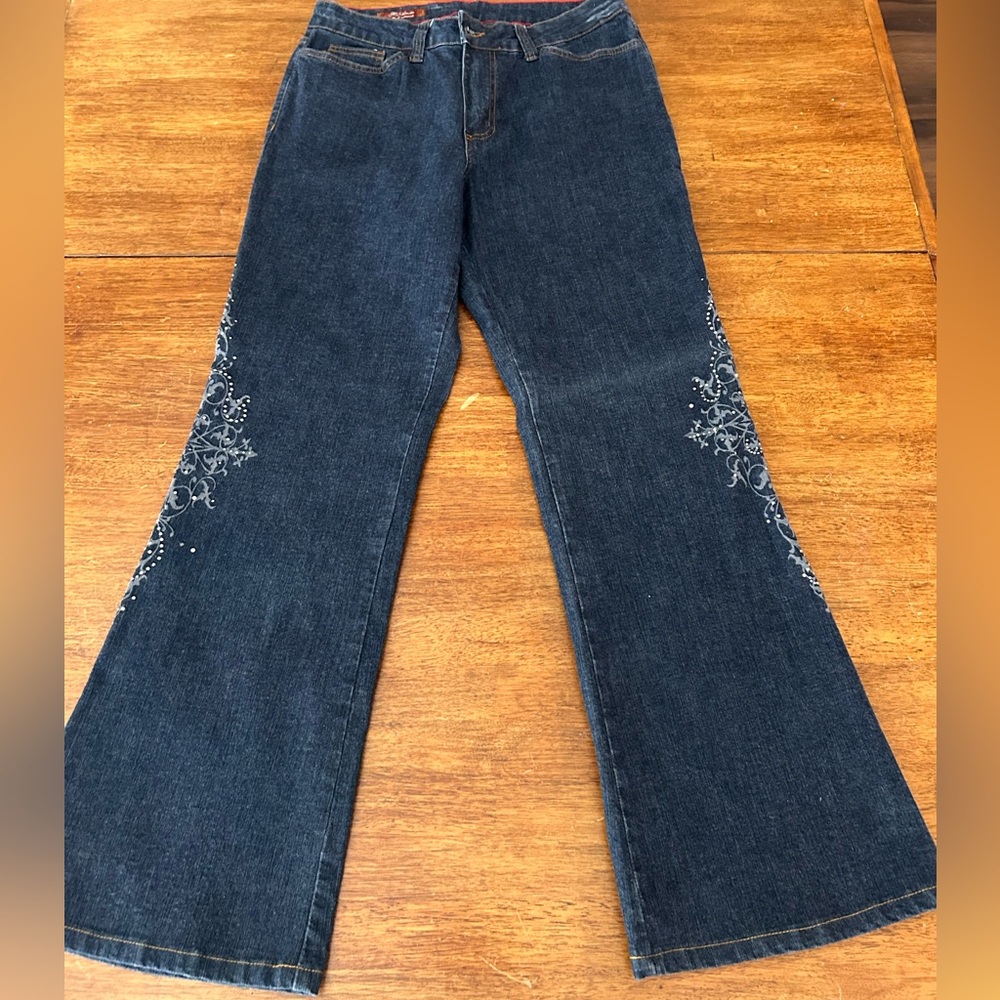 Mu Jeans Dark Indigo Flare Jeans with White Side Embellishments